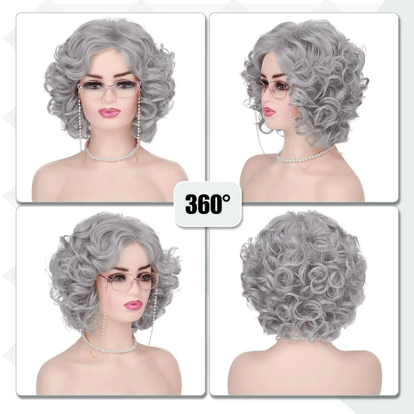 Synthetic Old Lady Wig Costume Set – Short Curly Silver White Grandma Wig & Glasses for Women, Granny Cosplay, Halloween Party