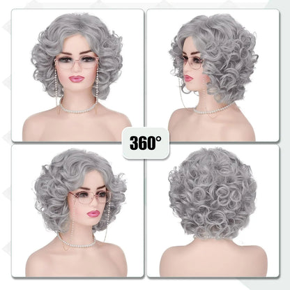 Synthetic Old Lady Wig Costume Set – Short Curly Silver White Grandma Wig & Glasses for Women, Granny Cosplay, Halloween Party