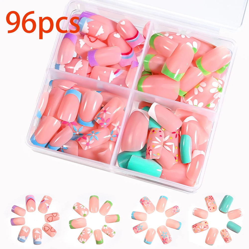 576PCS Colorful Press-On Fake Nails Set – Black & Red Oval/Square Short Full Cover Nail Tips for Salon-Style Nail Art