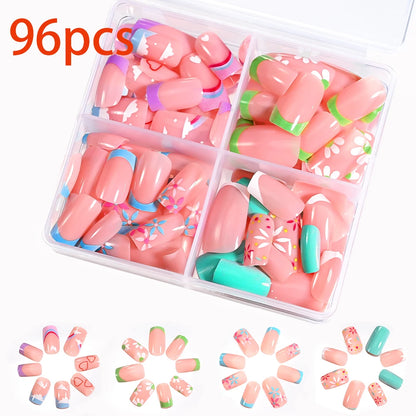 576PCS Colorful Press-On Fake Nails Set – Black & Red Oval/Square Short Full Cover Nail Tips for Salon-Style Nail Art