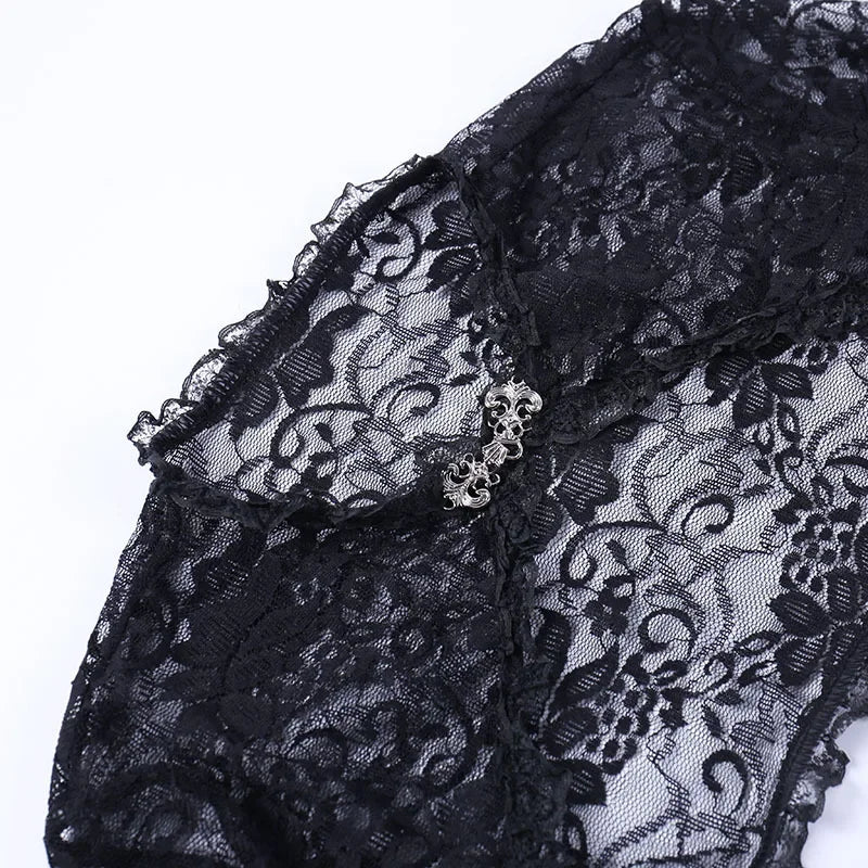 Lace Gothic See-Through Shrug Top – Black Flare Sleeve Crop Top, Vintage Punk Style for Women