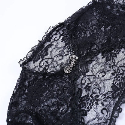 Lace Gothic See-Through Shrug Top – Black Flare Sleeve Crop Top, Vintage Punk Style for Women