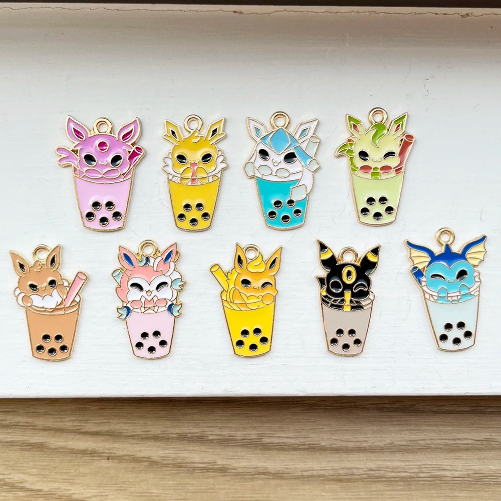 9Pcs Pokémon Pikachu Bubble Milk Tea Charm Set – Cartoon DIY Jewelry Pendants for Necklace & Bracelet Making Accessories