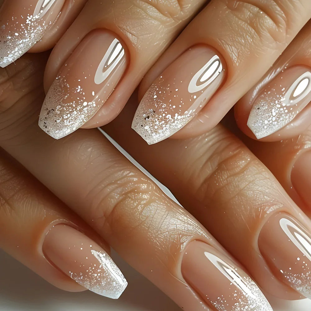 24pcs Blue Golden Stripe Press-On Nails Shiny Powder Long Square Full Cover False Nail Tips Wearable Love Design