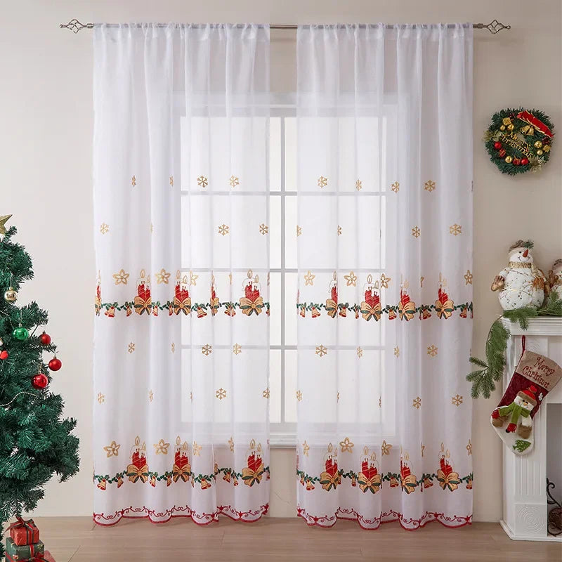 Snowflake Embroidered Tulle Curtain - Christmas Window Screen Sheer Decor for Living Room Bedroom