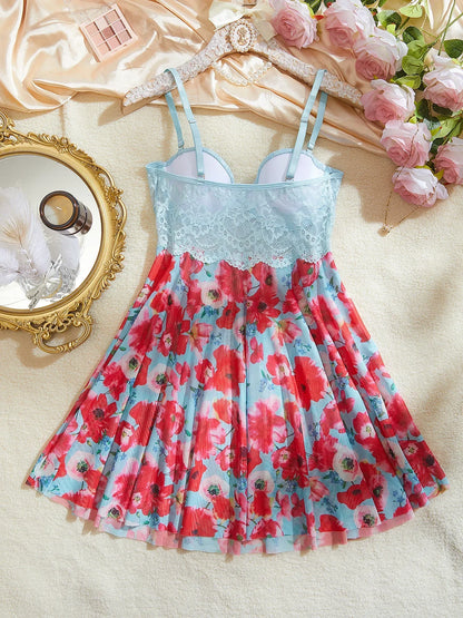 Floral Lace Babydoll Nightgown - Romantic Print Sleepwear with Summer Lingerie Style