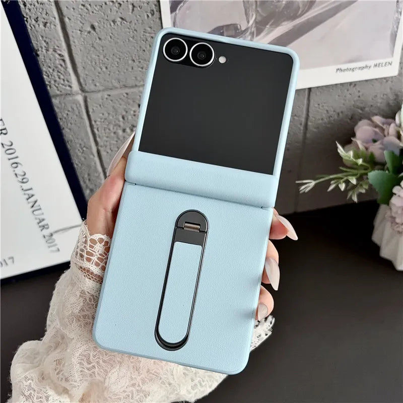 Samsung Galaxy Z Flip 8 Vegan Leather Case - Shockproof Stand Cover with Tempered Glass & Hinge Protection