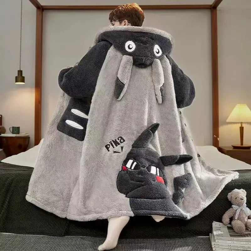Gengar Pokemon Pajamas Set — Men’s Large Winter Coral Fleece Hooded Nightgown, Thick Warm Anime Home Suit