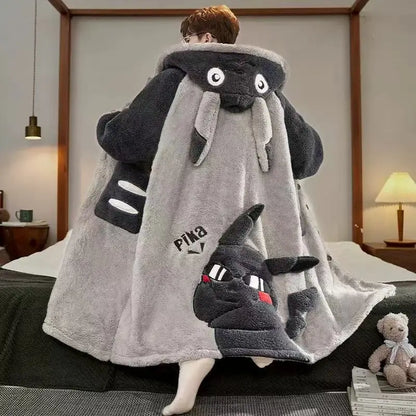 Gengar Pokemon Pajamas Set — Men’s Large Winter Coral Fleece Hooded Nightgown, Thick Warm Anime Home Suit