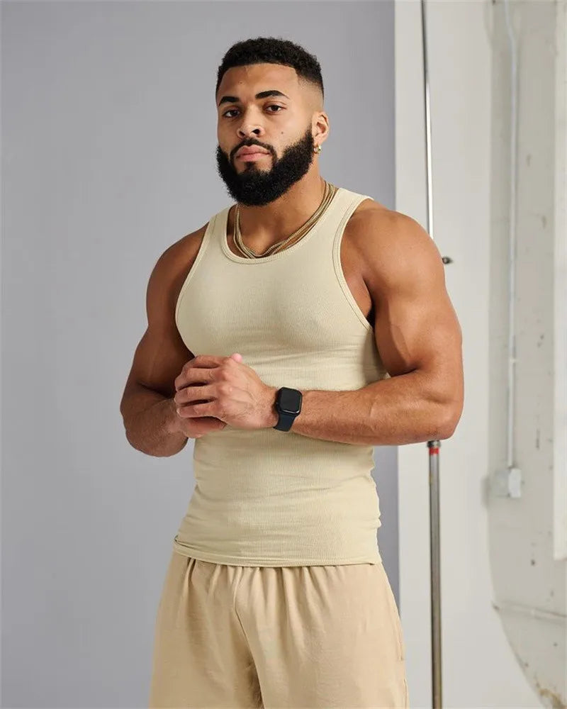 Men's 2026 Ice Silk Ribbed Vest - Slim Fit Sleeveless Fitness Sports Leisure Tank Top Solid Color Shirt