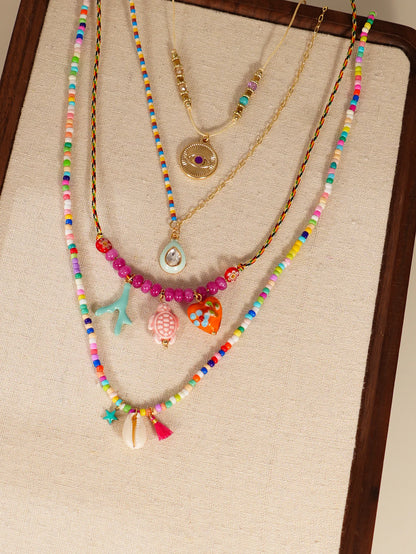 4pcs Bohemian Charm Necklace Set - Ethnic Devil’s Eye, Love Turtle Ceramic Pendant Multi Layer Party Jewelry