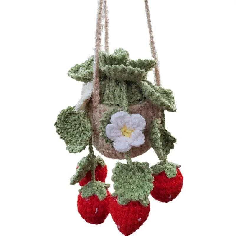 Cute Crochet Potted Plants Car Basket – Hanging Car Decor & Rear View Mirror Ornament Accessories