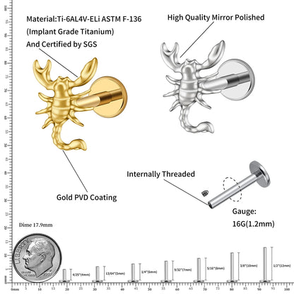 Right Grand ASTM F136 Titanium 16G Scorpion Labret Stud Earring – Flatback Zodiac Design for Tragus, Helix & Cartilage Piercing Body Jewelry