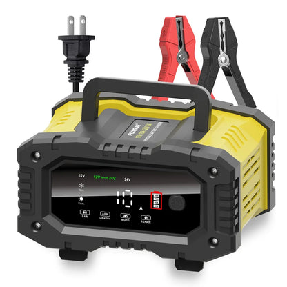 12V/24V Fully Automatic Smart Battery Charger — 7-Segment Pulse Repair for AGM, GEL, WET Lead-Acid Car Batteries