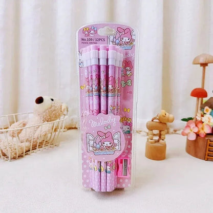 12pcs Sanrio Cinnamoroll & Kuromi Cute Cartoon HB Pencils - Writing & Drawing Stationery Box Set with 12 Pencils & 1 Pencil Roller