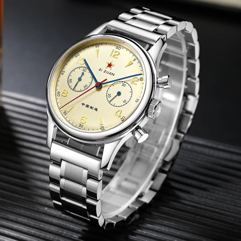 RED STAR 38mm Men's 1963 Chronograph Mechanical Watch – Pilot Air Force Aviation with Seagull ST1901 Movement & Sapphire Glass