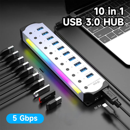 10-in-1 USB 3.0 Powered Hub — RGB E-Marker with Individual Switches & Heat Dissipation, DC 5V Adapter