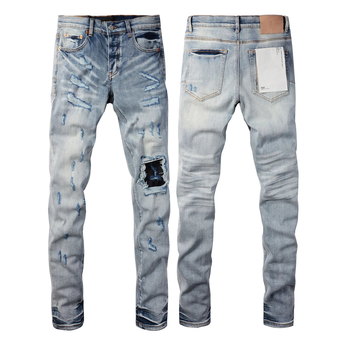 2025 Men’s High Street Ripped Skinny Jeans — Low Rise Blue Distressed Denim Fashion Repair Trousers 9003
