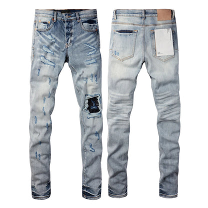 2025 Men’s High Street Ripped Skinny Jeans — Low Rise Blue Distressed Denim Fashion Repair Trousers 9003