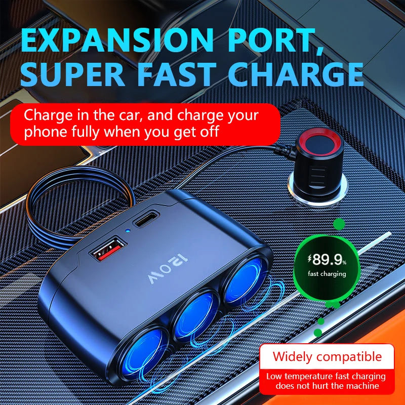 12V/24V Car Charging Adapter - 1-to-3 Power Splitter with USB and PD Fast Charging for Universal Vehicles