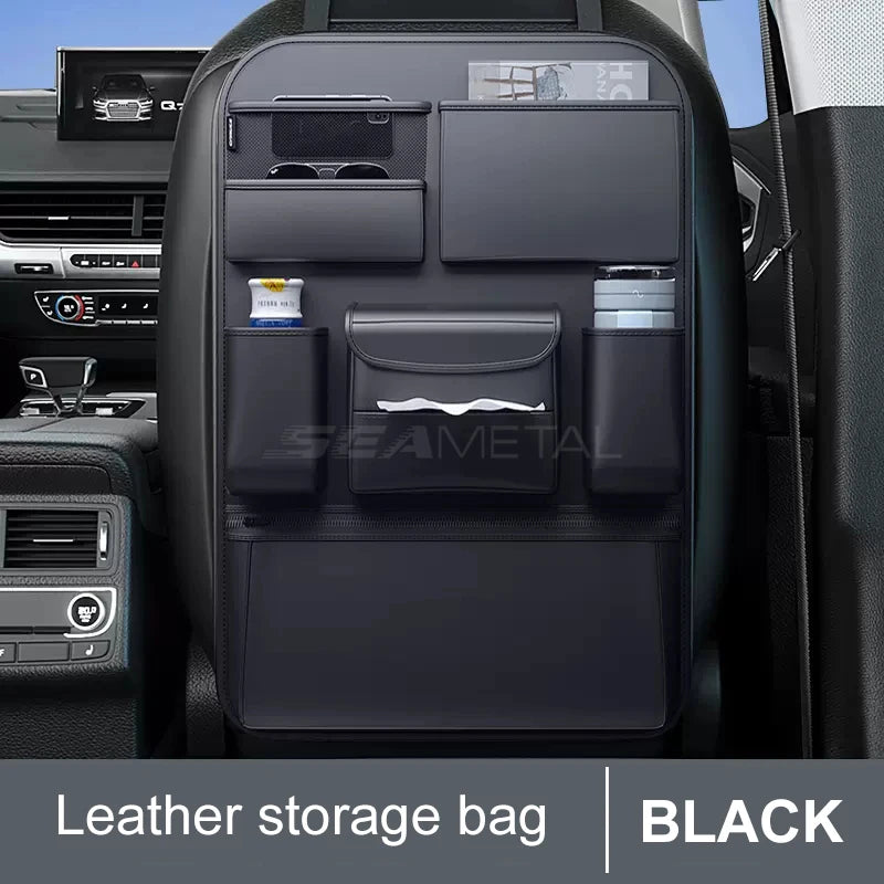 SEAMETAL Car Seat Back Storage Bag – PU Leather Auto Organizer with Tissue Box, Multifunctional Car Storage Accessory