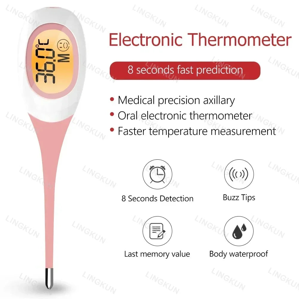 Digital Silicone Body Thermometer – 8-Second Fever Temperature Reader with LED Display for Oral, Underarm, and Rectal Use
