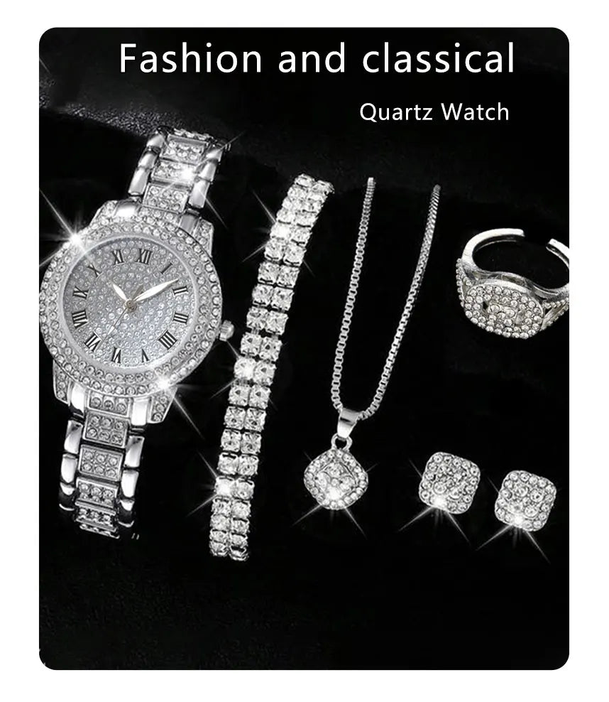 6PCS Women's Elegant Crystal Watch Set – Luxury Alloy Quartz Wristwatches with Rhinestone Bracelet, Perfect Gift for Ladies