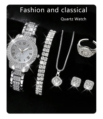 6PCS Women's Elegant Crystal Watch Set – Luxury Alloy Quartz Wristwatches with Rhinestone Bracelet, Perfect Gift for Ladies