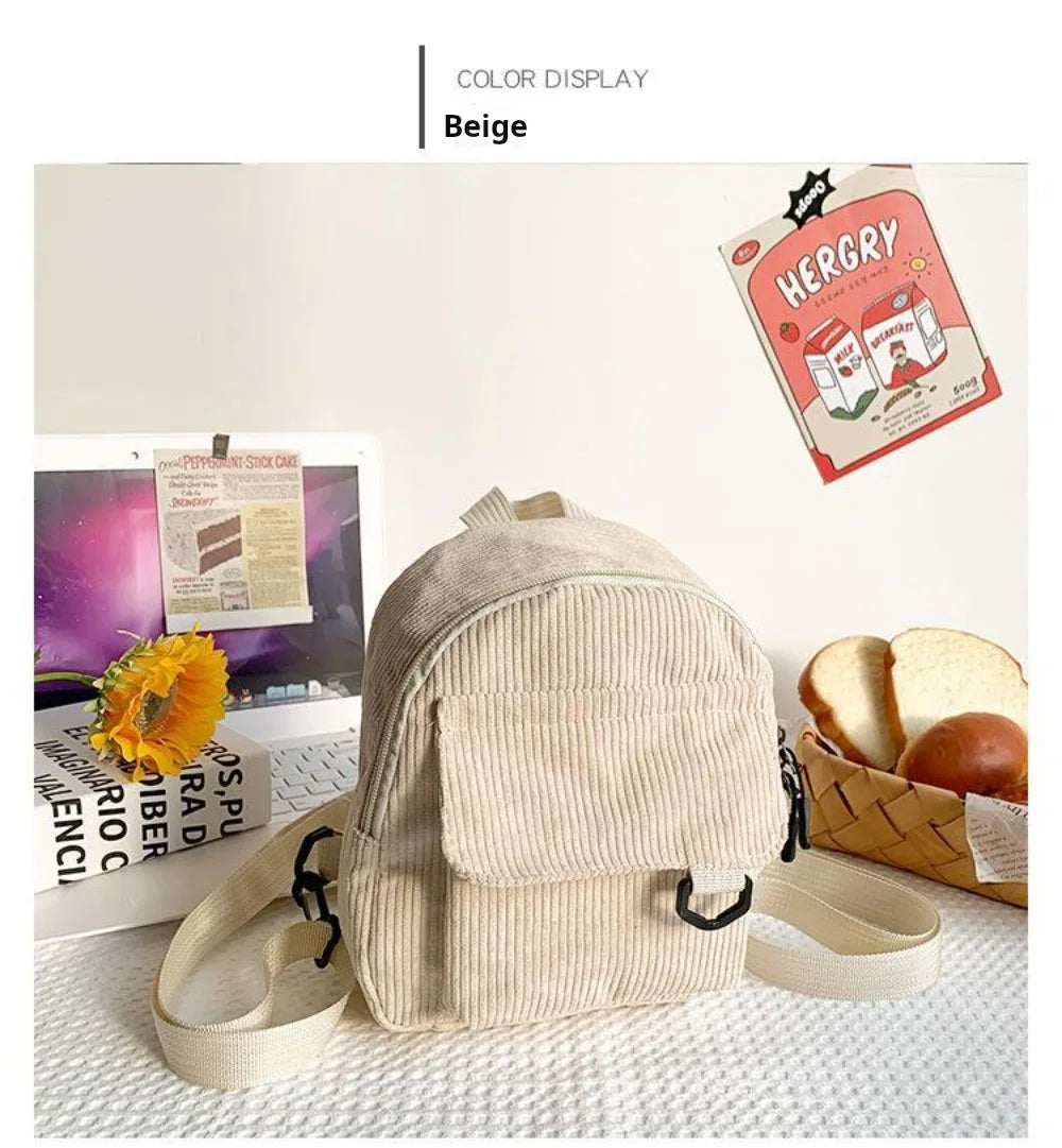 Women's Mini Backpack - Fashionable Solid Color Corduroy Casual Schoolbag with Large Capacity