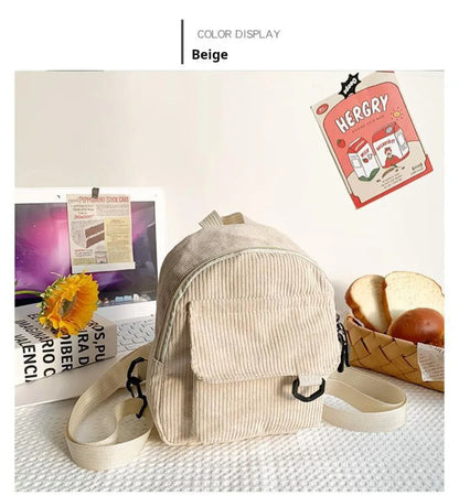 Women's Mini Backpack - Fashionable Solid Color Corduroy Casual Schoolbag with Large Capacity