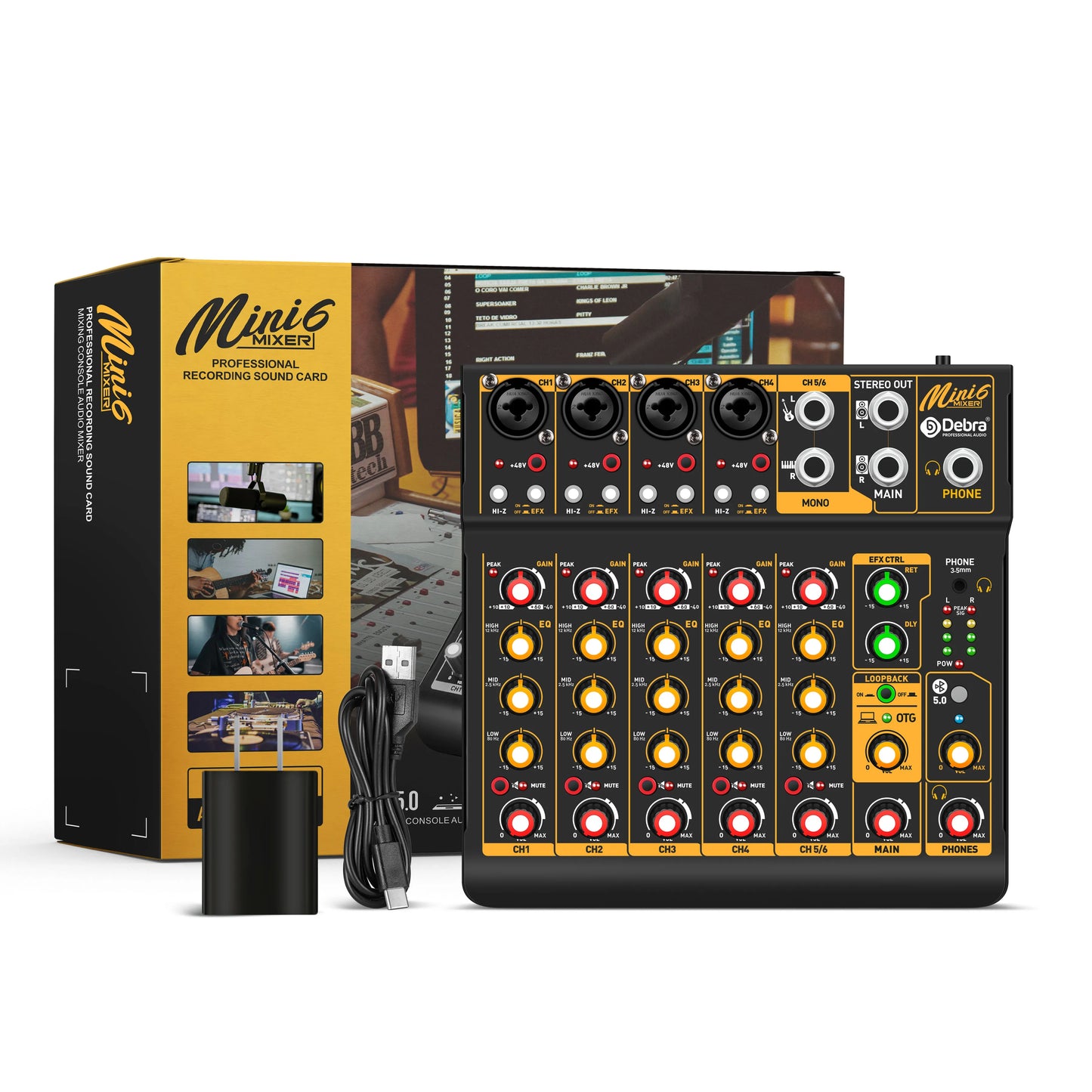 Debra Mini6 6-Channel Metal Audio Mixer Interface with Bluetooth & Delay Repeat Effect – OTG Sound Mixing Console for PC Recording