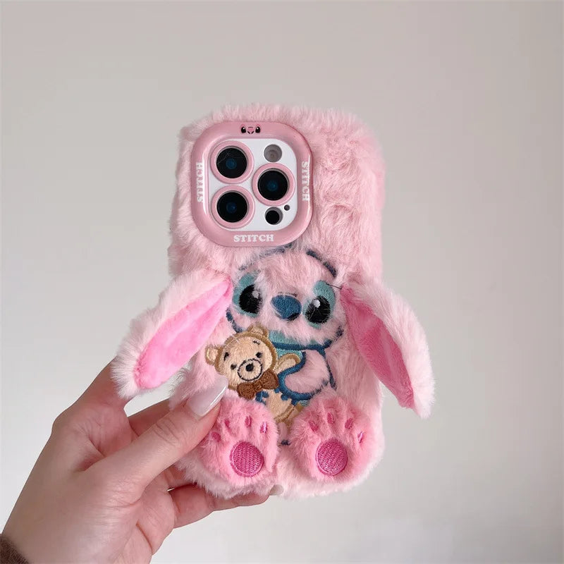 3D Cute Stitch Ear Plush Phone Case – Fluffy Shockproof Cover for iPhone 13–17 Pro Max & Plus