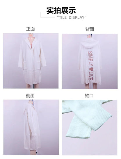 2023 Autumn/Winter Sweater Cardigan – Lapel Hooded Long Knit Coat with Letter Design, Loose Fit for Women