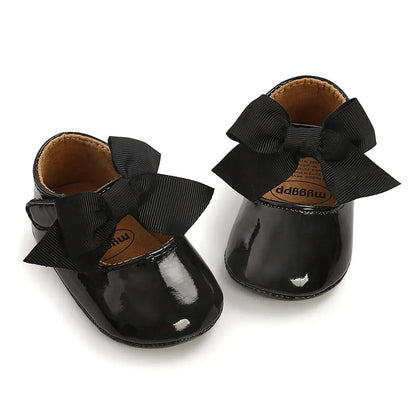 Meckior Baby Girl Shoes – Bowknot PU Ballet Slippers with Rubber Anti-Slip Sole, First Walker Toddler Crib Dress Shoes