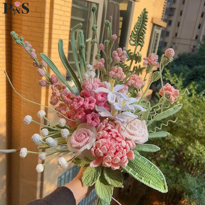 Handmade Crochet Flower Bouquet – Peony, Tulip & Rose Artificial Flowers for Wedding, Home Decor & Gift