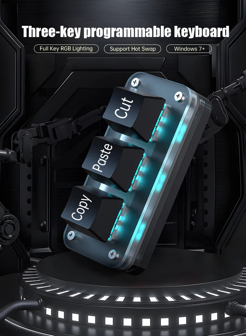 RGB 3-Key Mini Macro Keyboard — Hotswap Keypad for Photoshop, Gaming & Programming