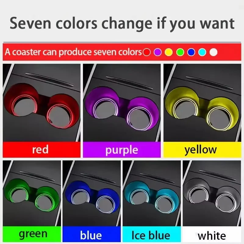 7-Color Changing Car Cup Holder Lights - USB Rechargeable LED Ambient Glowing Coaster Pads with Anti-Slip Design