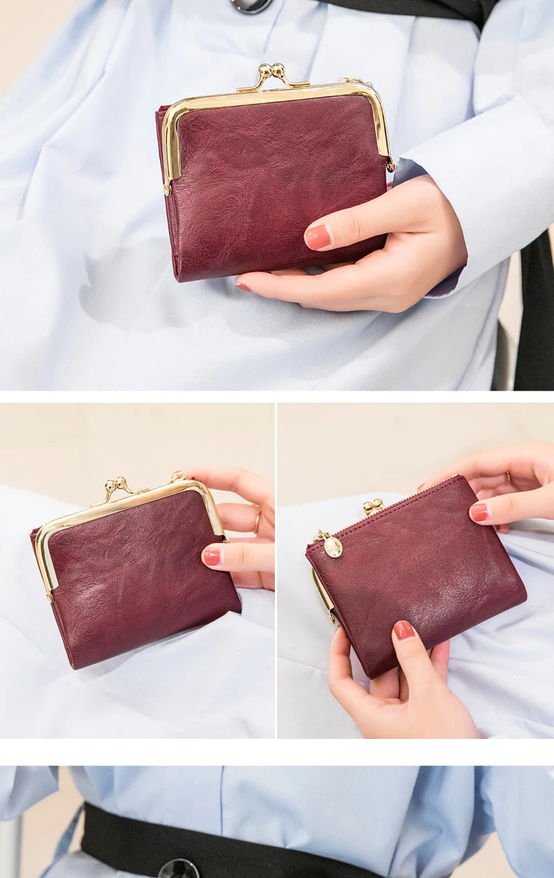 MIYIN Women’s Small Wallet – RFID Compact Bifold Leather Coin Purse with Zipper & Kiss Lock, Vintage Design
