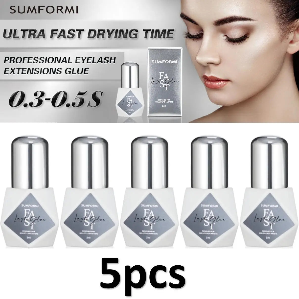 Gollee 5-Pack Eyelash Extension Glue – 7-9 Week Long-Lasting, Quick-Dry 0.3-1s, Black & Latex-Free