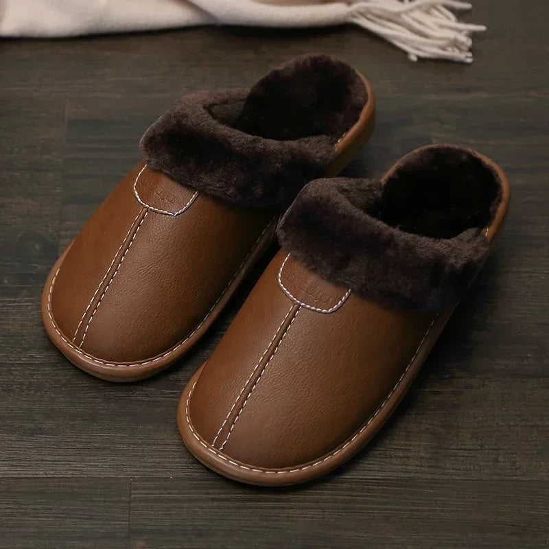 Men’s Winter Leather Slippers — Waterproof, Thick Velvet Cotton Indoor Home Shoes, Warm Bedroom Footwear