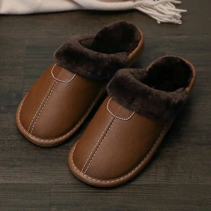 Men’s Winter Leather Slippers — Waterproof, Thick Velvet Cotton Indoor Home Shoes, Warm Bedroom Footwear