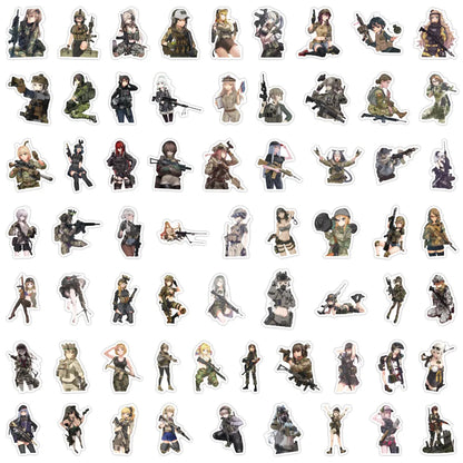 60-Piece Military Anime Girl Sticker Set - Waterproof Cartoon Graffiti Decals for Phones, Notebooks and Luggage