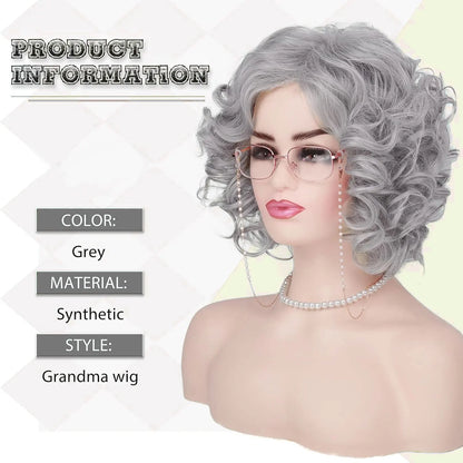 Synthetic Old Lady Wig Costume Set – Short Curly Silver White Grandma Wig & Glasses for Women, Granny Cosplay, Halloween Party