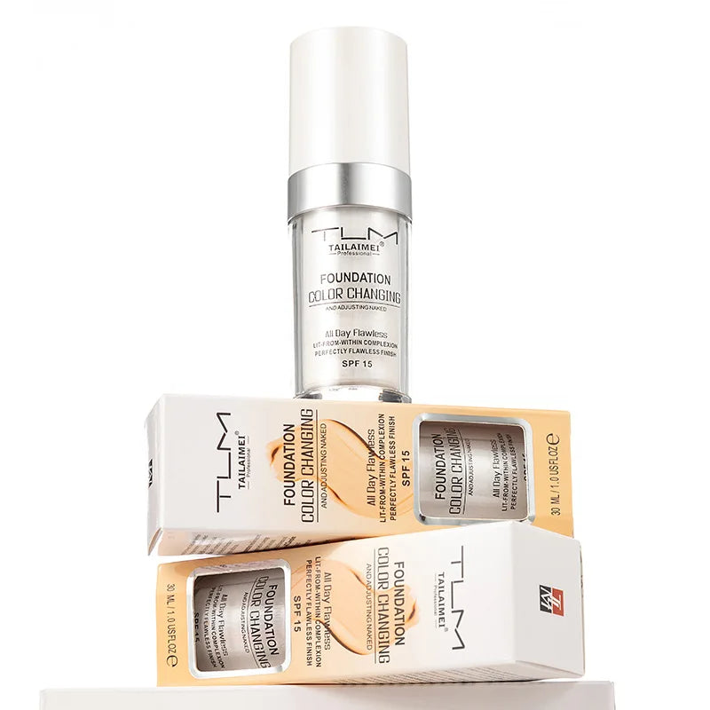 Warm-Change Liquid Foundation with Sunscreen – Waterproof, Long-Lasting Oil-Control Makeup for Easy Application and Portable Use
