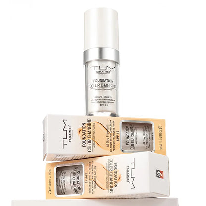 Warm-Change Liquid Foundation with Sunscreen – Waterproof, Long-Lasting Oil-Control Makeup for Easy Application and Portable Use