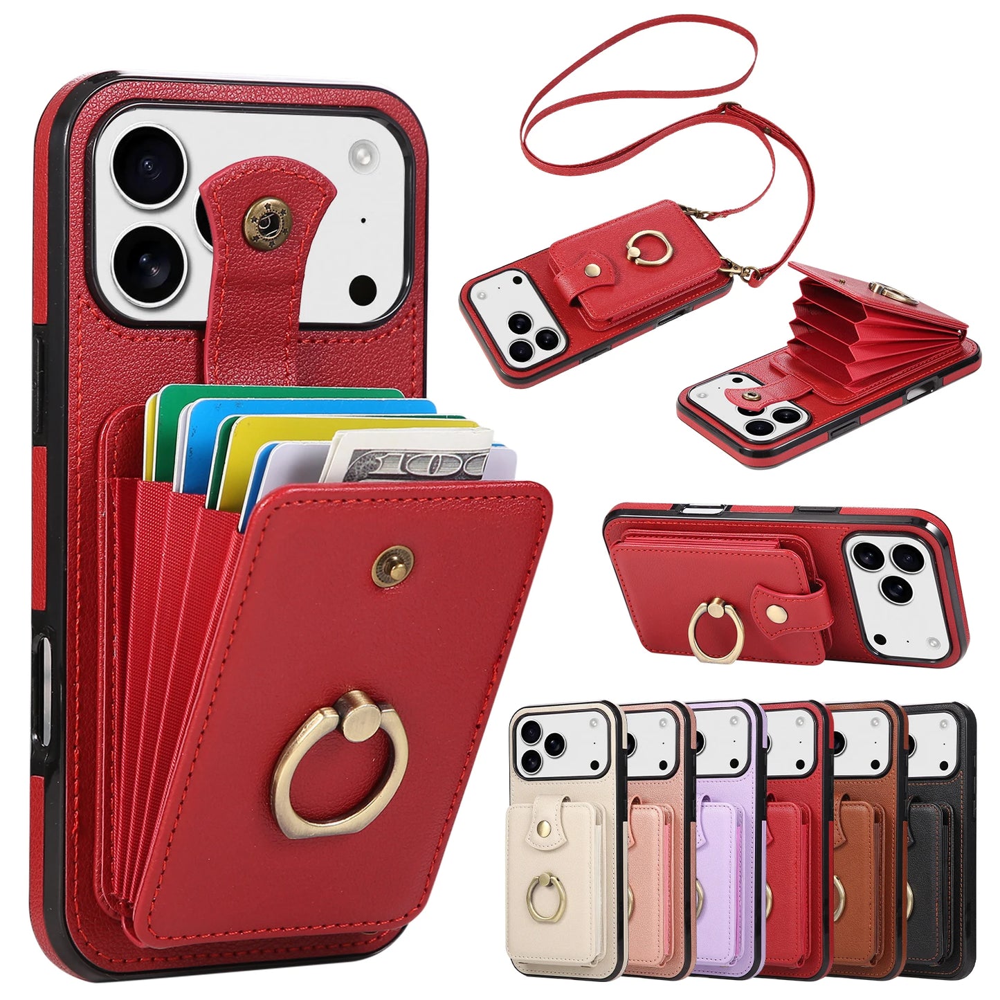 Leather Crossbody Wallet Phone Case with Zipper Card Slots – Lanyard Ring Holder Cover for iPhone 17/16/15/14/13/12/11 Pro Max & Plus
