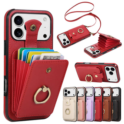 Leather Crossbody Wallet Phone Case with Zipper Card Slots – Lanyard Ring Holder Cover for iPhone 17/16/15/14/13/12/11 Pro Max & Plus