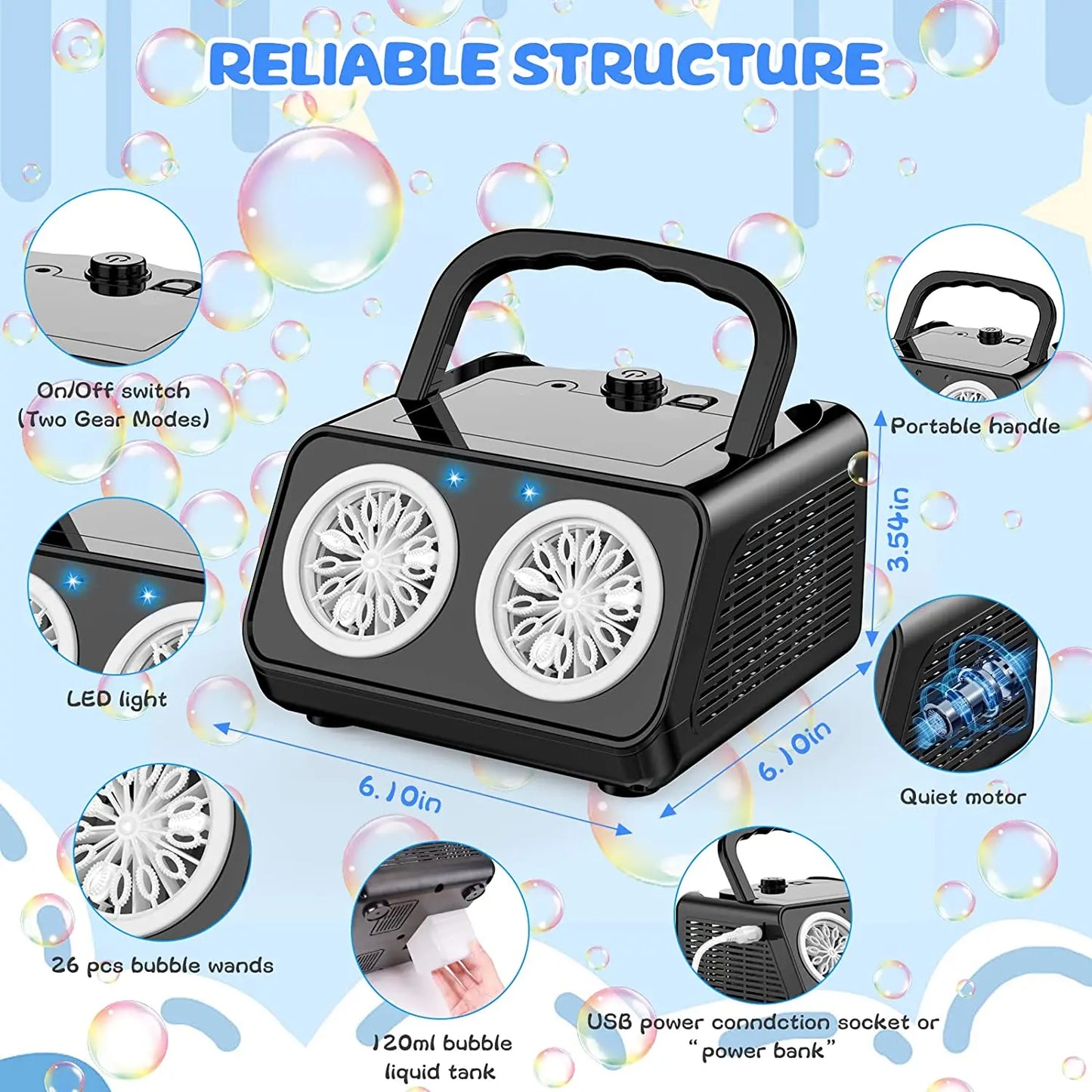 Upgrade Automatic Bubble Machine: 2-Fan Bubble Blower, 50000+ Bubbles Per Minute - Portable Bubble Maker for Kids
