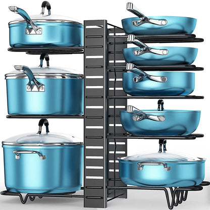 Adjustable 8-Tier Pan Pot Organizer Rack: Space-Saving Kitchen Cabinet Storage - DIY Methods for Pots, Pans, and Lids
