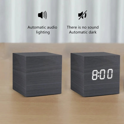 Wooden Digital Alarm Clock – LED Desktop Clock with Temperature Display, Sound Control, USB/AAA Powered Bedside Clock